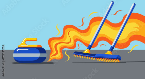 Dynamic Curling Action With Sweeping Motion And Fiery Enthusiasm