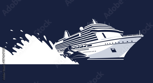 Dynamic Cruise Ship and Jet Ski Water Sport Recreation Illustration