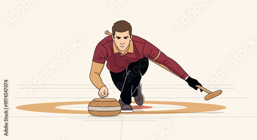 Dynamic Curling Athlete In Action Delivering Stone On Ice