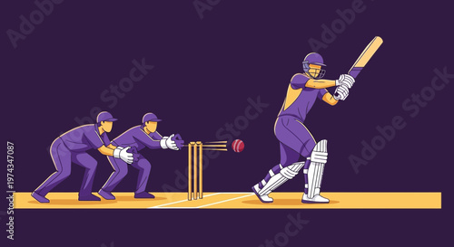 Dynamic Cricket Match Action Illustration With Batter And Fielders