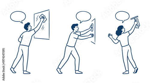 Professional cleaning crew performing window and glass surface maintenance while using speech bubbles to coordinate their commercial or domestic duties.