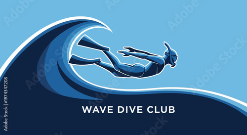 Dynamic Diver Surfing A Stylized Blue Wave In Minimalist Graphic Style