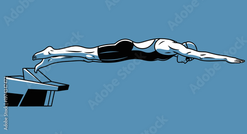 Dynamic Dive From Starting Block In Competitive Swimming Illustration