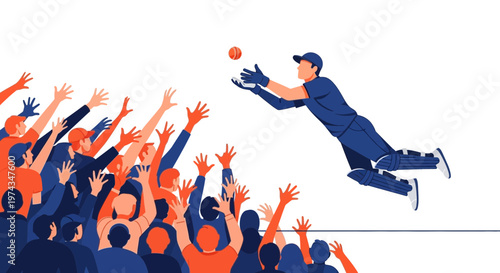 Dynamic Cricket Player Diving For Catch With Enthusiastic Crowd Cheering