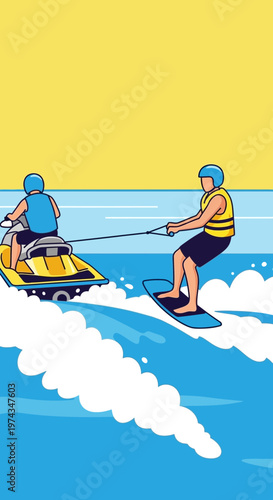 Dynamic Duo Enjoying Thrilling Jet Ski and Wakeboard Adventure on Sunny Day