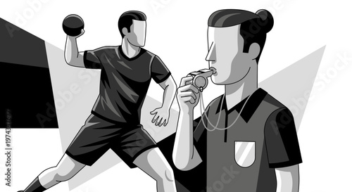 Dynamic Duo of Sportsmanship Handball Player and Referee in Bold Graphic Style