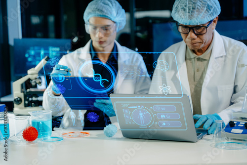 Medical team using AI and digital tools in laboratory research, analyzing data, DNA, and diagnostics to advance healthcare innovation