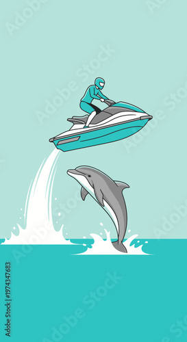 Dynamic Duo Riding Waves A Jet Ski Rider Soars Above A Leaping Dolphin