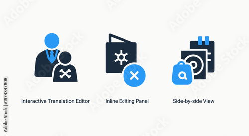 Translation and editing service icons illustrating interactive workflow post-editing portal and step-by-step instructional guide for language projects
