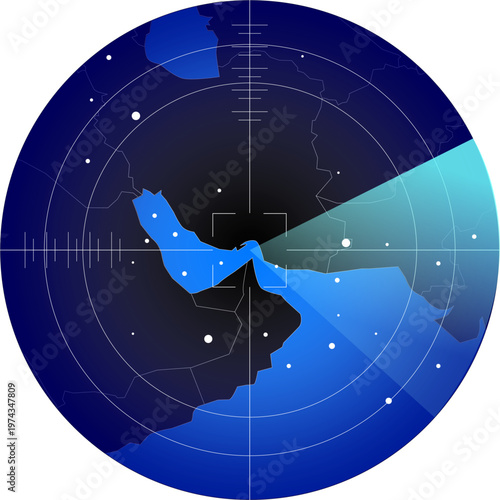 Middle East Geopolitical Radar Screen Concept with Strait of Hormuz (Iran, Israel, Editable Vector)