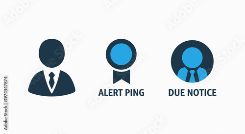 Business administrative notification icons featuring professional avatar, alert ping message badge, and due notice reminder for project management and deadline tracking