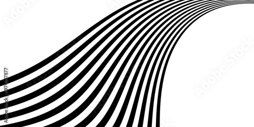 Black on white abstract perspective line wave stripes with 3d dimensional effect isolated on white background