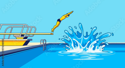 Dynamic Diver Plunges Into A Splashing Pool In A Bright Sunny Day Scene
