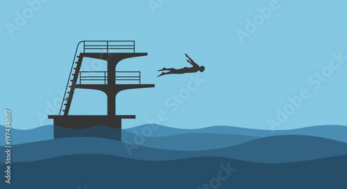 Dynamic Diver Plunging Into Serene Blue Waters From High Dive Tower