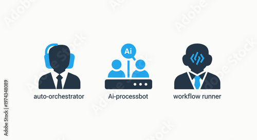 Artificial intelligence automation and business workflow icons depicting an AI processor automated orchestrator and digital workflow runner