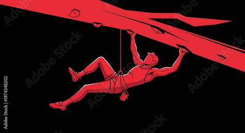 Dynamic Figure Grapples Red Rock Face Underneath Red Canopy