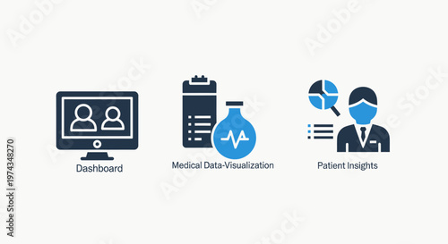 Business analytics and collaboration icons including a monitor for team cooperation a device authentication clipboard with a diagnostic flask and a data insights person with charts