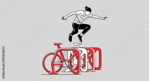 Dynamic Figure Leaping Over Modern Red Bicycle Rack