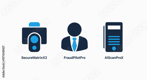 Professional cyber security and identity verification software icons including a digital scanner biometric profile and mobile data analysis tool for corporate network protection systems
