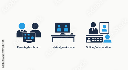 Remote work and online collaboration icon collection depicting virtual workspace setups, digital project dashboards, and telecommuting team cooperation for modern business