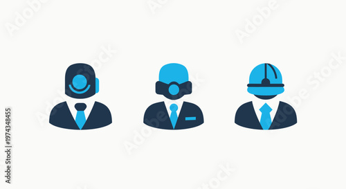 Business professional icons wearing specialized safety and technology headgear including futuristic helmet gas mask and industrial hard hat for occupational safety concepts