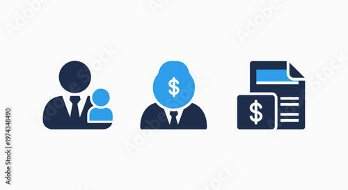 Set of financial and relationship management icons including a user referral symbol a professional with a dollar sign head for monetization and a document invoice with a currency symbol