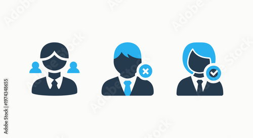 Icon set of business user management status symbols featuring add remove and accept actions