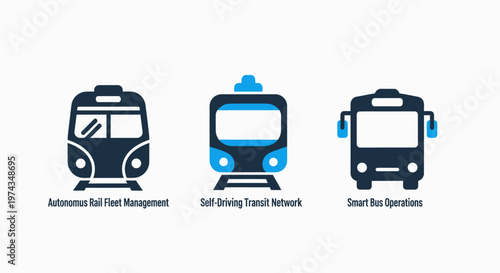 Transportation technology icons for smart train fleet and transit bus management