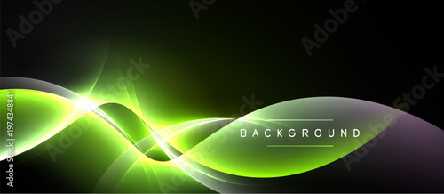 Abstract waves, vibrant green glow, dark background. Modern design element, smooth curves, dynamic lighting effect. Simple text overlay.