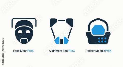 Set of facial recognition and tracking technology icons including face mesh, alignment tool, and tracker module