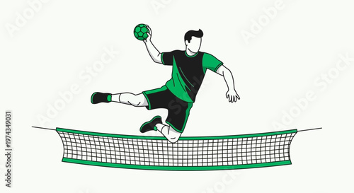 Dynamic Handball Player Mid-Air Jump Over Net