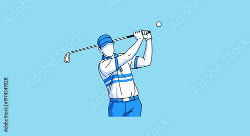 Dynamic Golfer Captures Moment of Impact with Ball on Blue Background