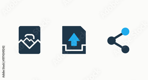 Set of digital content management icons featuring photo upload, file submission, and network sharing symbols