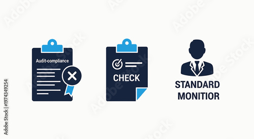 Set of business compliance and monitoring icons featuring subscription rejection, checklist verification and standard monitor