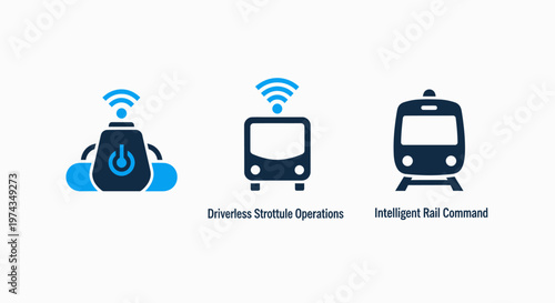 Set of smart transport technology icons featuring remote power operations, driverless bus, and intelligent rail command