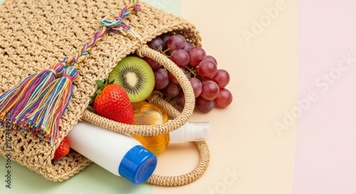 Fresh fruit and personal care items in a woven bag on a neutral background