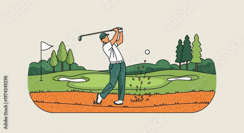 Dynamic Golfer Executes Powerful Swing on Lush Green Course