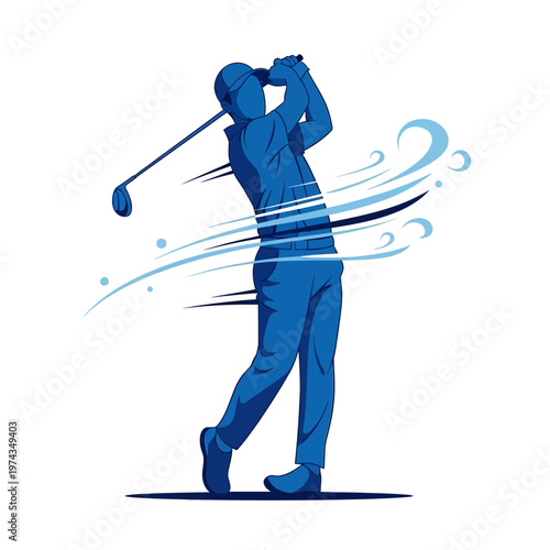 Dynamic Golfer Executing Powerful Swing With Swirling Wind Elements