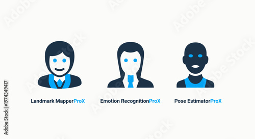 Set of technology icons representing face and emotion recognition and landmarks mapping for biometric data analysis