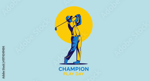 Dynamic Golfer Strikes A Powerful Pose Against A Bright Sun Emblem
