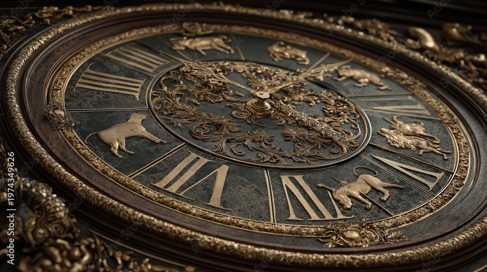 Obraz premium Ornate vintage clock face with Roman numerals and zodiac animal symbols in intricate gold and black design.