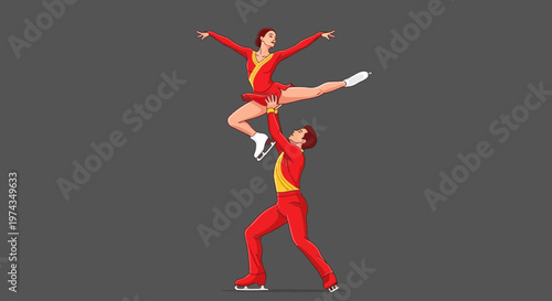 Dynamic Ice Skating Duo Performing A Daring Lift In Red Outfits