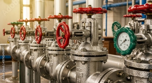 Industrial pipeline valves with red handles and pressure gauges in a row