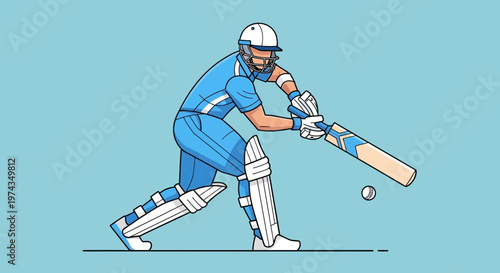 Dynamic Illustration of a Cricketer in Action on a Blue Background