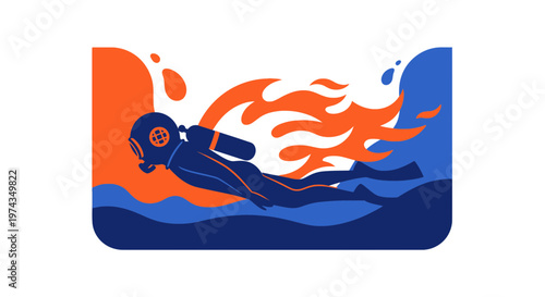 Dynamic Illustration of a Diver Navigating Through Energetic Underwater Currents