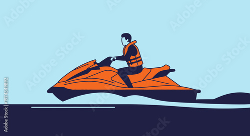 Dynamic Illustration Of A Person Riding An Orange Jet Ski On Water