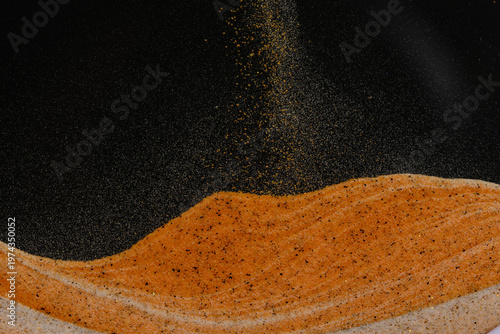 Foto Rain golden particles falling over soft orange sand dune, creating magical glitter effect