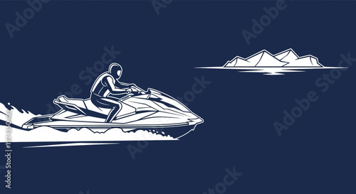 Dynamic Jet Ski Rider Navigating Ocean Waters Towards Distant Icebergs