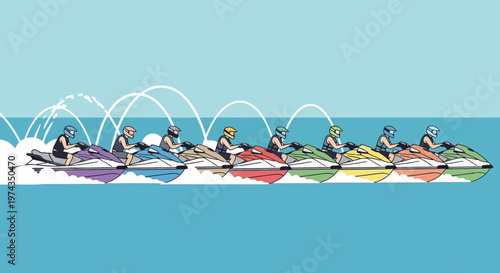 Dynamic Jet Ski Race Across Vibrant Waters with Diverse Riders