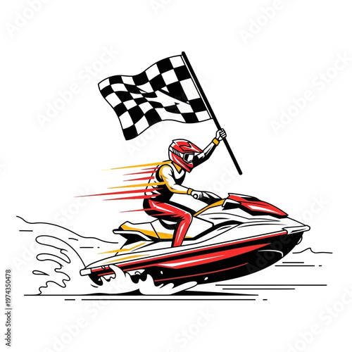 Dynamic Jet Ski Racer Celebrates Victory With Chequered Flag